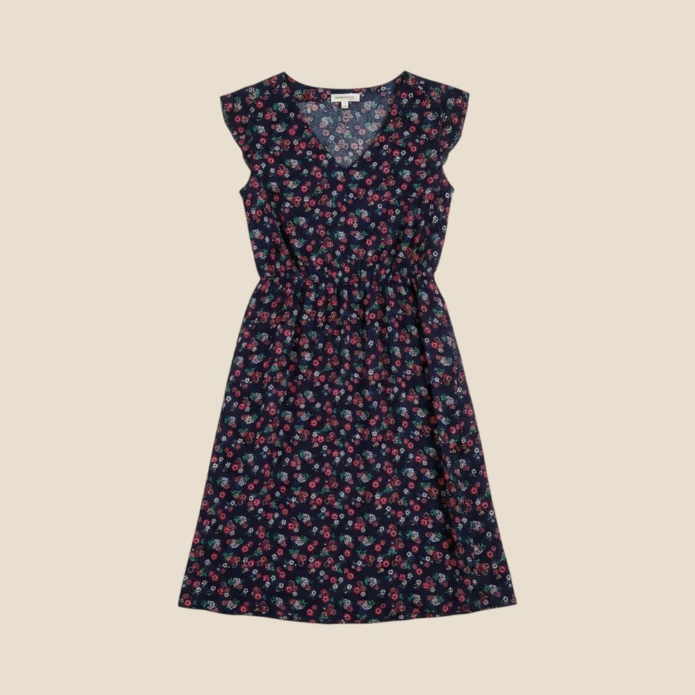 Monteau Los Angeles MP Floral Dress, scalloped Neckline and Sleeves, V-Neck